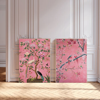 Set Of Two Chinoiserie Pink Floral Bird Art Prints, 2 of 4