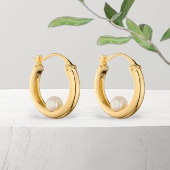 18ct Gold Plated Encased Pearl Hoop Earrings, 2 of 9