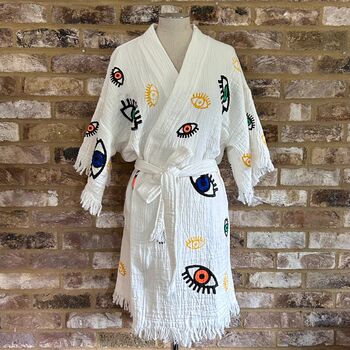 Organic Short Cotton Kimono: White With Mini Eye, 2 of 3