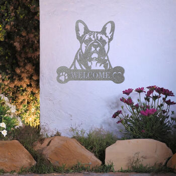 Custom French Bulldog Welcome Metal Wall Art Gift For Dog Lovers Home Or Garden Decor, 10 of 11