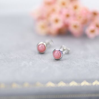 Sterling Silver Genuine Pink Opal Tiny Stud Earrings, 4 of 12