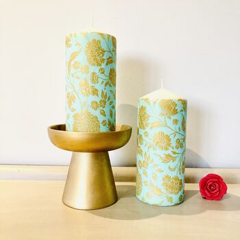Floral Pillar Candle ~ Turquoise /Gold, 3 of 5