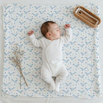 Luxury Blue Ocean Whale Organic Bamboo Muslin Swaddle, 2 of 4