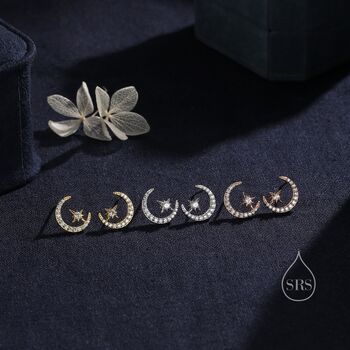 Delicate Cz Moon And Star Stud Earrings, 5 of 11