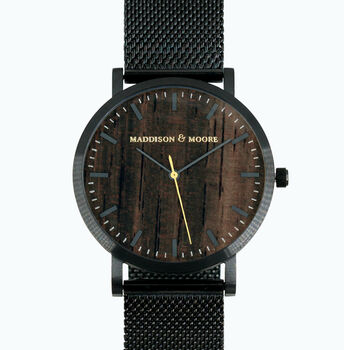 Classic Black Stainless Steel Unisex Wood Watch, 4 of 8