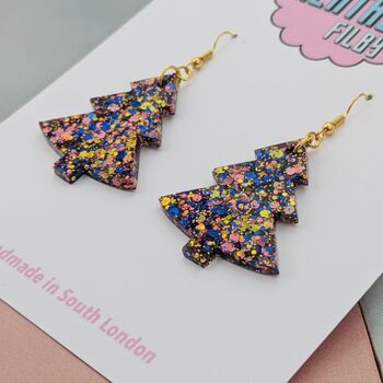 Large Dark Blue, Gold And Pink Glitter Christmas Tree Earrings, 4 of 4
