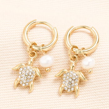 Stainless Steel Turtle And Pearl Charm Huggie Hoop Earrings, 3 of 7