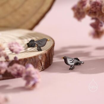 Sterling Silver British Black Bird With Yellow Beak Stud Earrings, 5 of 12