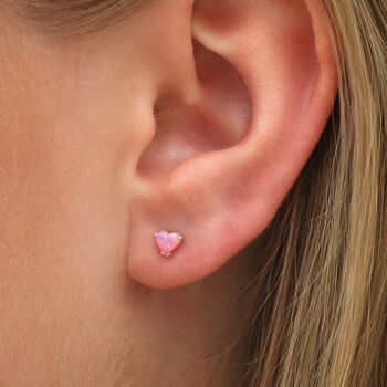 Tiny Sterling Silver Pink Opal Heart Stud Earrings, 2 of 8