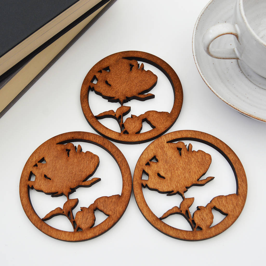 wooden drinks coasters with rose design, set of four by for me & for