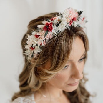 Amara Pink And Red Wedding Dried Flower Crown Headband, 3 of 4