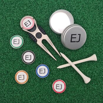 Personalised Golf Pitchmark Repairer With A Set Of Six Markers In A Presentation Tin, 7 of 8