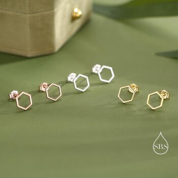 Sterling Silver Minimalist Open Hexagon Stud Earrings, 7 of 12