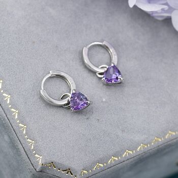 Sterling Silver Amethyst Purple Trillion Cut Cz Hoop Earrings, 6 of 12