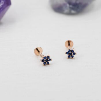 Sterling Silver Tiny Sapphire Blue Cz Flower Internally Threaded Flat Back Earrings, 6 of 10
