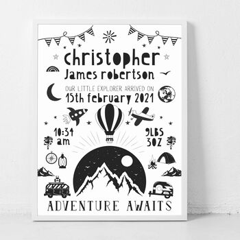 Personalised Keepsake Birth Print Monochrome Adventure, 3 of 4