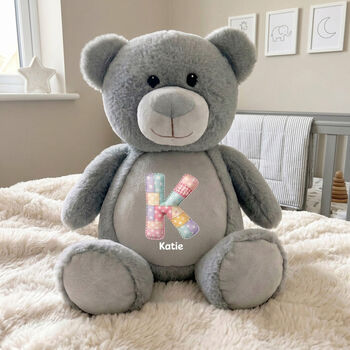 Personalised Patchwork Alphabet Grey Teddy Bear, 2 of 10