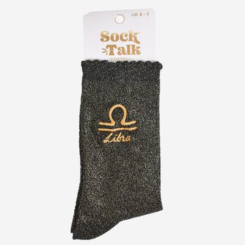 Women's Glitter Socks Black Gold Zodiac Libra, 5 of 5