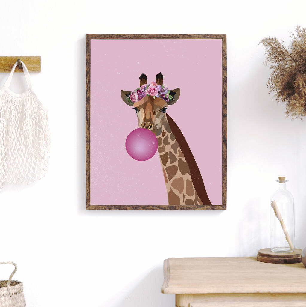 Bubblegum Giraffe Original Artwork Print With Flowers