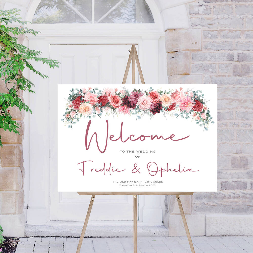 Wedding Welcome Sign Burgundy Red Pink Florals By Ottie Design