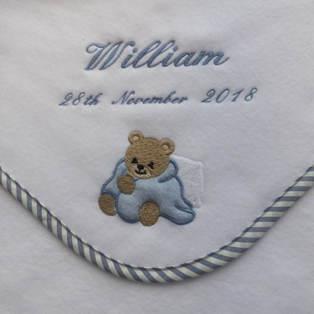 Personalised Baby Blanket With Teddy Bear Motif By Broderie Blanc