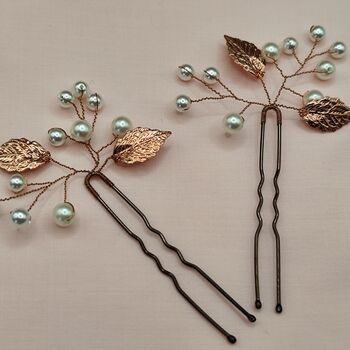 Copper Leaf Hair Pin With Pearls Perfect For Weddings, 8 of 10