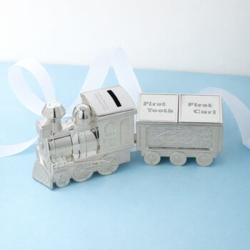 Engraved Silver Plated Train Money Box And First Tooth/Curl Carriage, 3 of 4