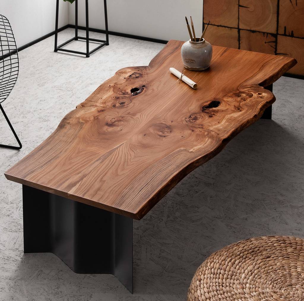 natural live edge wood coffee table on wave base by lelloliving