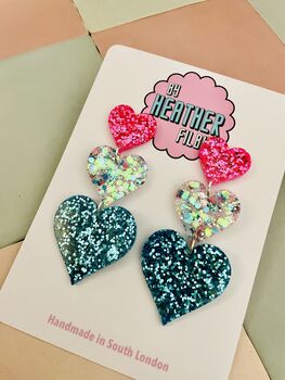 X Large Triple Heart Glitter Resin Earrings, 3 of 5