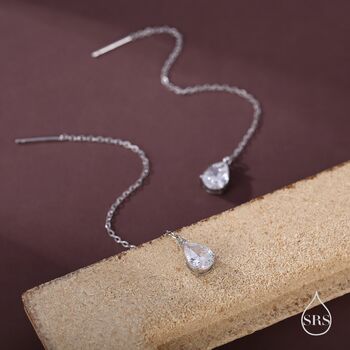 Sterling Silver Pear Cut Cz Droplet Threader Earrings, 4 of 11