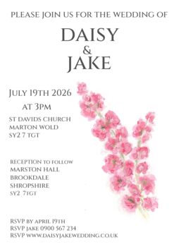 Cerise Larkspur Table Name Number Double Sided A5 Wedding Stationery, 4 of 6