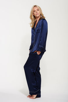 Navy Blue Silk Long Pyjama Set, 2 of 3