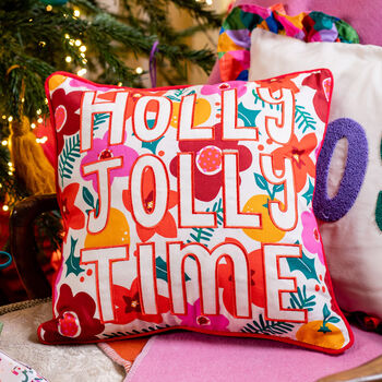Floral 'Holly Jolly Time' Cushion, 2 of 2