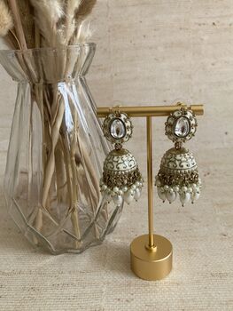 Antique Gold Pearl Jhumki Indian Earrings, 2 of 6