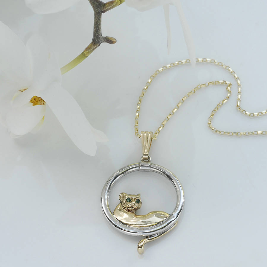 gold cat pendant with emeralds by simon kemp jewellers
