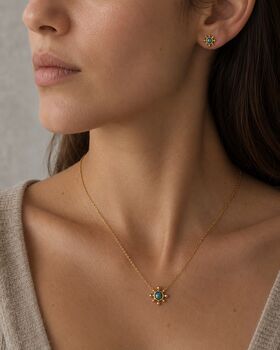 18k Gold Sunburst Australian Green Blue Opal Necklace And Stud Earrings Set, 7 of 12