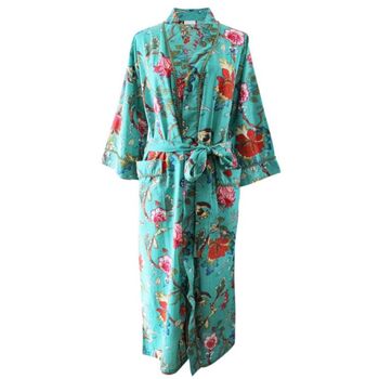 Ladies Teal Exotic Flower Print Cotton Dressing Gown, 5 of 5