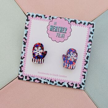Red And Blue Glitter Christmas Mitten Glitter Studs, 3 of 4