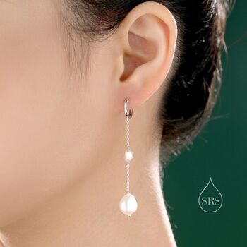 Asymmetric Baroque Pearl Huggie Hoop Earrings, 7 of 11