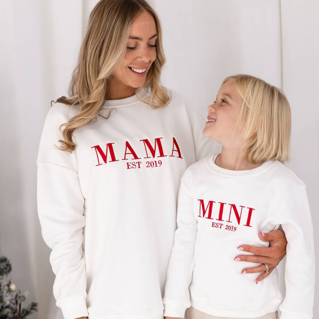 Christmas Mama Est Embroidered Personalised Sweatshirt With Optional Matching Mini, 1 of 12