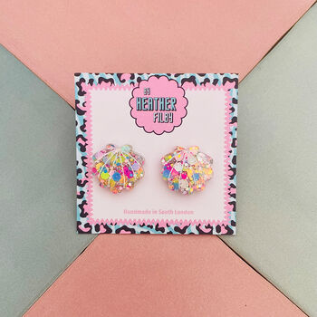 Sea Shell Glitter Resin Stud Earrings Pink, Blue And Coral, 12 of 12