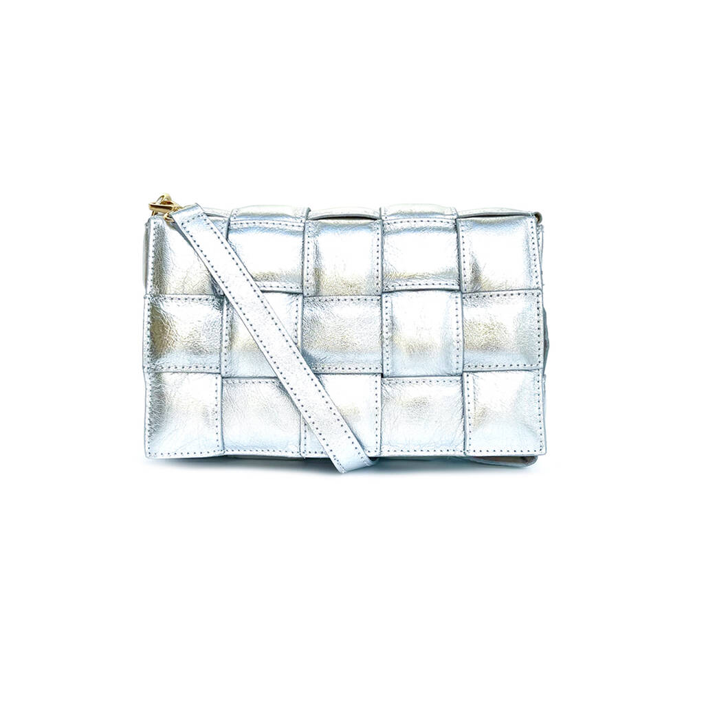 Silver Padded Woven Leather Crossbody Bag By Apatchy