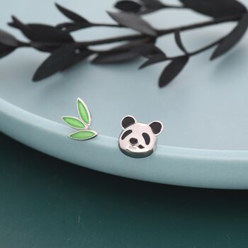Mismatched Panda And Bamboo Leaf Stud Earrings In Sterling Silver, 4 of 10
