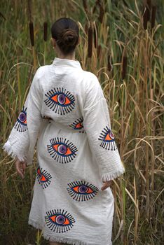 Long Organic Cotton Robe: White With Orange Eye, 5 of 5