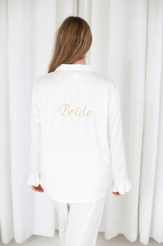 Embroidered 'Bride' Matt Satin Button Through Pyjamas, 3 of 12