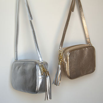 Personalised Metallic Silver Or Gold Italian Leather Crossbody Bag | Luxury Birthday Gift For Her, 4 of 12