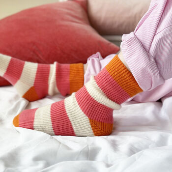 100% Cashmere Bold Coral Stripe Socks, 2 of 10