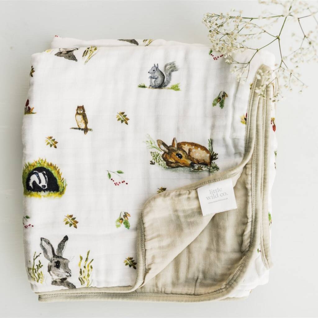 Woodland Bamboo Organic Cotton Muslin Baby Blanket By Little Wild Co.