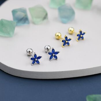 Sapphire Blue Cz Flower Screw Back Earrings, 3 of 11