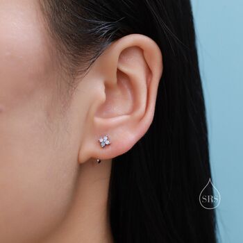 Sterling Silver Extra Tiny Hydrangea Flower Huggie Hoop Earrings, 5 of 11